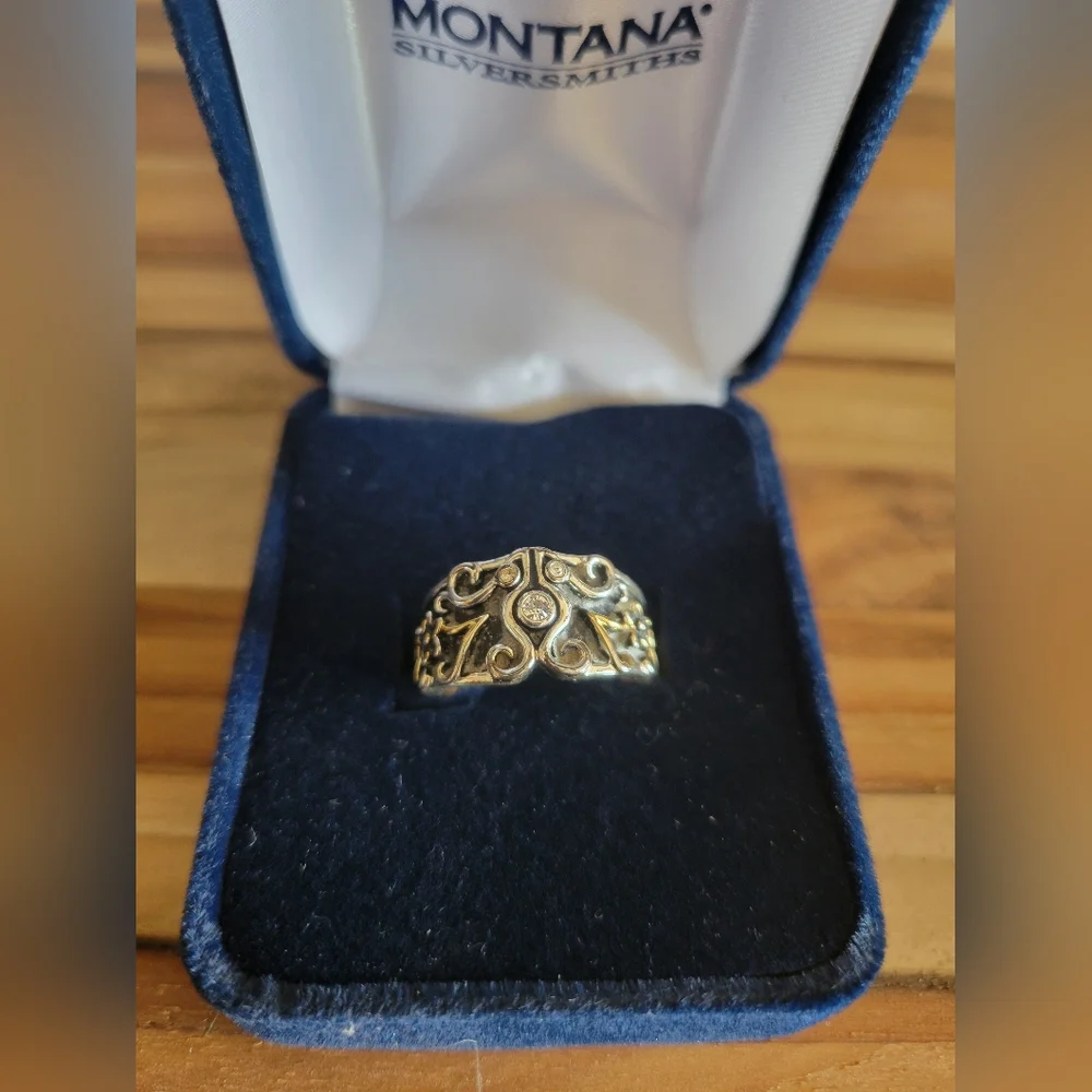 Montana Silversmiths Sterling Silver Antiqued Gold Accents Cz Stone Sz 6‎ New
